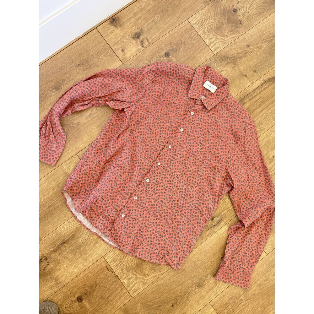 MR MOOD xl printed linen peach button casual top shirt print long sleeved mens